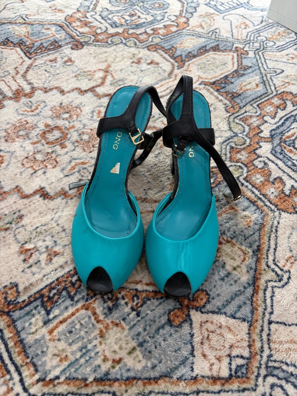 Peep-Toe Slingback Heels in Teal with Black Straps